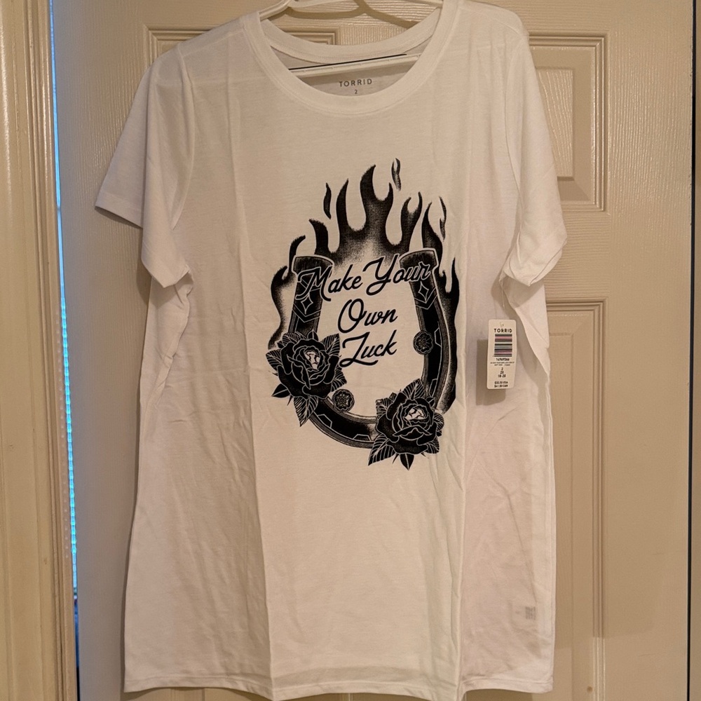 Torrid White Graphic Tee with Black Flame & Horseshoe Print